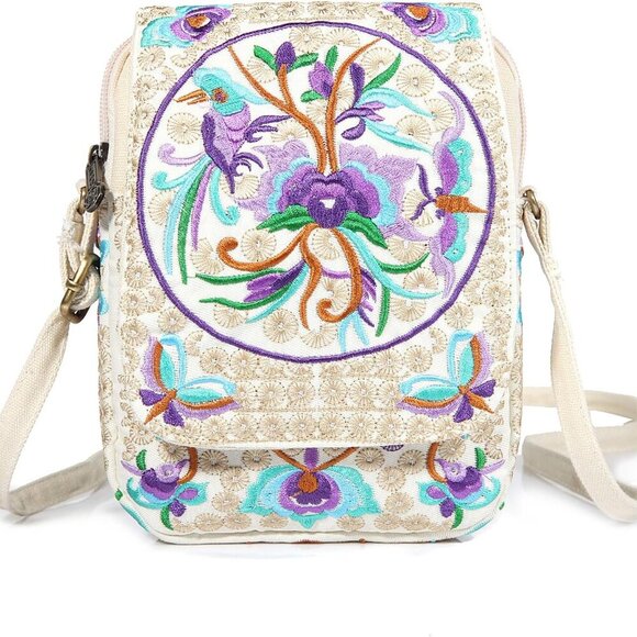 Flower Embroidered Crossbody Bag Phone Purse Small Handbag Coin Pouch, Bigger Ve - Picture 1 of 6